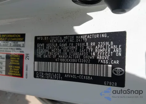 2011 Toyota Camry Hybrid from USA, damaged, VIN 4T1BB3EKXBU133922